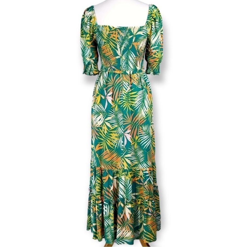 BETSEY JOHNSON Smocked Maxi Dress in Green Tropical Leaf Print Size X-Small - Picture 15 of 16